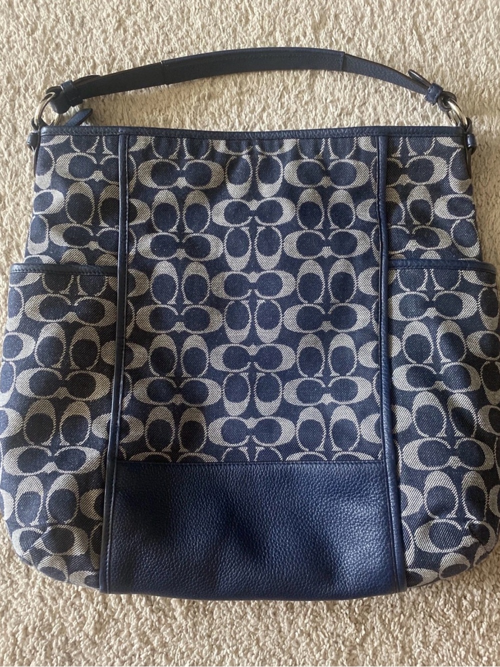 Coach hobo Blue Signature Cloth with leather Shoulder Bag with strap - Picture 2 of 10
